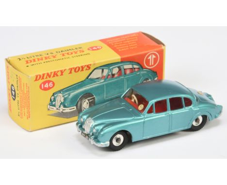 Dinky Toys 146 Daimler V8 Saloon, metallic Aqua, red interior, silver trim and spun hubs, condition appears to be Excellent, 
