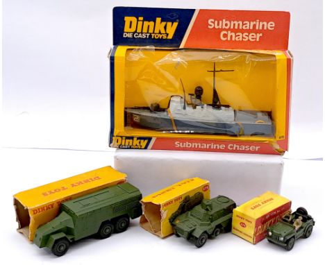 Dinky Toys Boxed Military Group, to include 673 Submarine Chaser, 674 Austin Champ, 677 Armoured Command Vehicle, and 676 Arm