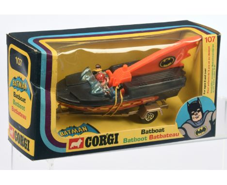 Corgi 107 DC Comics Batman Batboat and Trailer, 2nd issue, black plastic body, orange fin, blue windscreen, with "Batman &amp