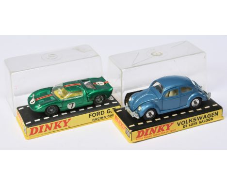 Dinky Boxed Car Pair, to include (1) 129 Volkswagen De Luxe Saloon (Beetle), Steel blue body, chrome spun hubs, and (2) 215 F