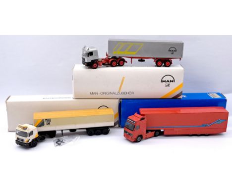 Conrad 1:50 Scale Boxed Truck Group, to include; (1) Volvo FH12 Globetrotter XL 4x2 with Semitrailer; (2) MAN Super Truck wit