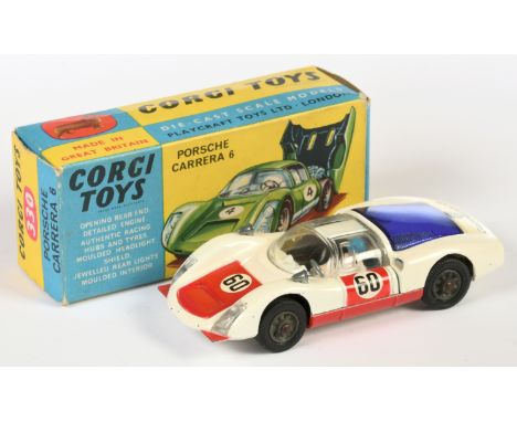 Corgi Toys 330 Porsche Carrera 6 Racing Car, White body, red doors and bonnet, blue engine cover, black interior with figure 