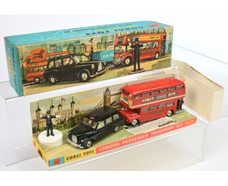 Corgi GS35 London Passenger Transport Gift Set, comprising of (1) Austin Taxi, black body, lemon interior, silver trim spun h