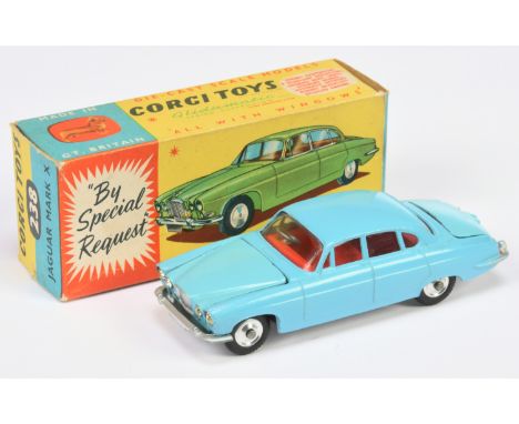 Corgi Toys 238 Jaguar Mark X, light blue body, red interior, silver trim, spun hubs, missing suitcases, condition appears to 