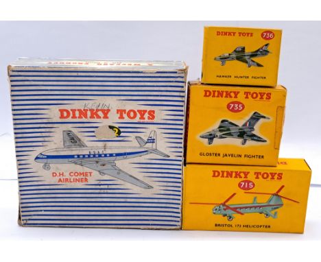 Dinky Toys Boxed Aircraft Group, to include 702 D.H. Comet Airliner, 715 Bristol 173 Helicopter, 735 Gloster Javelin Fighter,