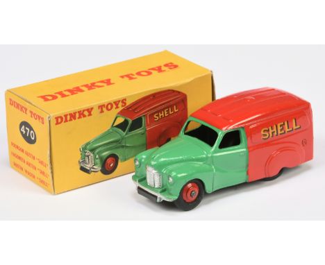 Dinky Toys 470 Austin "Shell/BP" Van, Two-Tone green and red including rigid hubs, silver trim, condition appears to be Good 