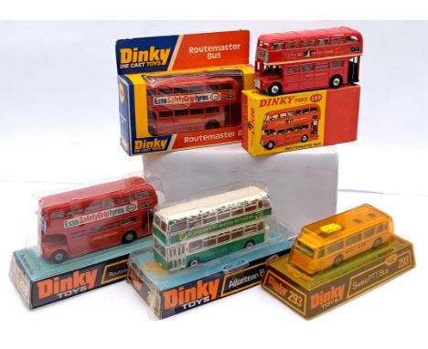 Dinky Toys Boxed Bus Group, to include 289 Routemaster Bus x3, 293 Swiss PTT Bus, and 295 Atlantean Bus, conditions generally
