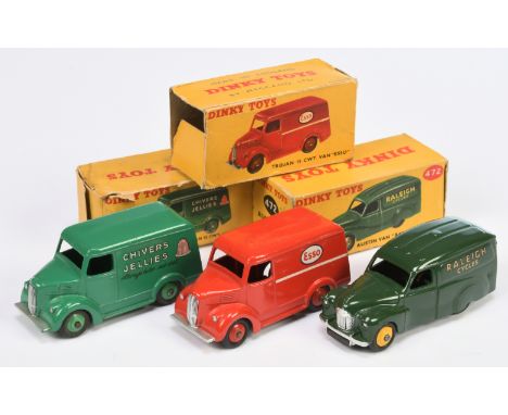 Dinky Toys Boxed Van Group, to include 1) 472 Austin Van "Raleigh Cycles", green body, yellow rigid hubs, silver trim, 2) 450