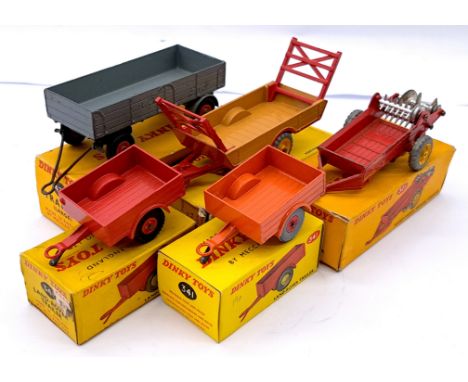 Dinky Toys Boxed Trailer Group, to include 320 Harvest Trailer, 321 Massey-Harris Manure Spreader, 341 Land-Rover Trailer x2,