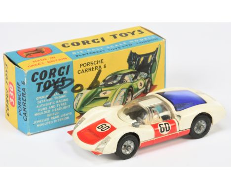 Corgi 330 Porsche Carrera 6, white body with red doors and bonnet, blue engine cover, black interior, cast hubs, with figure 
