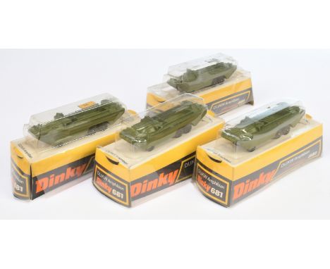 Dinky Toys, a mixed boxed group of 4 x Dinky 681 DUKW Amphibian - Military Green body and Black Speedwheels - Excellent to Mi