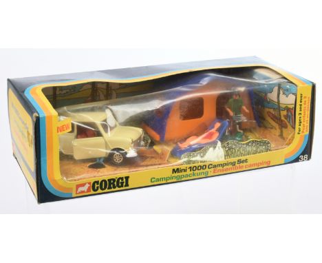 Corgi GS38 Gift Set "Camping" to include 1/36th scale Mini - finished in cream, red interior, Whizzwheels - Near Mint (couple