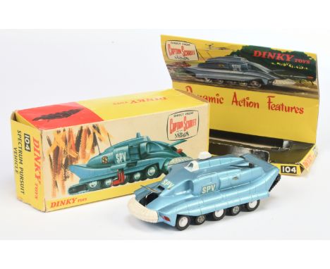 Dinky Toys 104 "Captain Scarlet" Spectrum Pursuit Vehicle, Blue body, white front bumper, black aerials and rubber tracks (mi