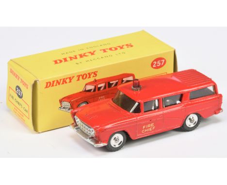 Dinky Toys 257 Nash Rambler "Fire Chief" Car, red body and roof light, black base, clear windows, silver trim, spun hubs, con