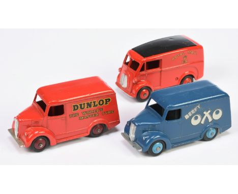 Dinky Toys Unboxed Van Group, to include 1) 451 Trojan "Dunlop" Van, red including rigid hubs, silver trim, 2) 453 (31D) Troj