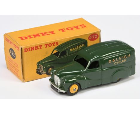 Dinky Toys 472 Austin Van "Raleigh Cycles", green body, yellow rigid hubs, silver trim, condition appears to be Good Plus to 