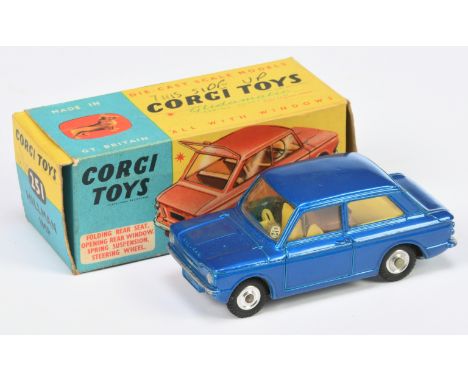 Corgi 251 Hillman Imp - blue body, yellow interior with luggage case, silver trim, spun hubs - Excellent with a few chips and