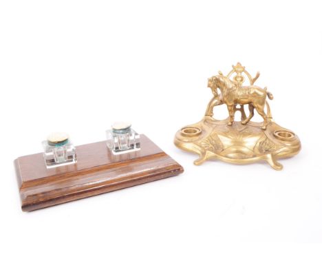 A vintage 20th century decorative art nouveau style brass inkstand with two integral inkwells and mounted with a horse figure