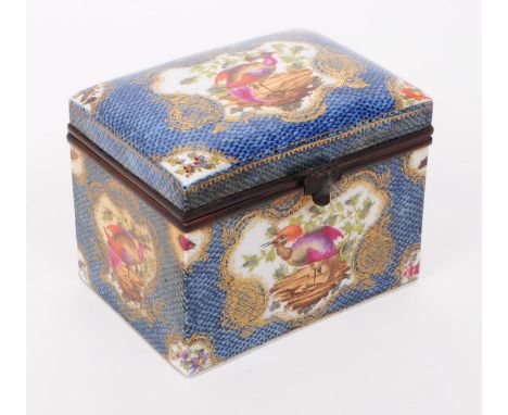19th century Samson of Paris porcelain trinket lidded box featuring a blue scallop background with hand painted bird decorati