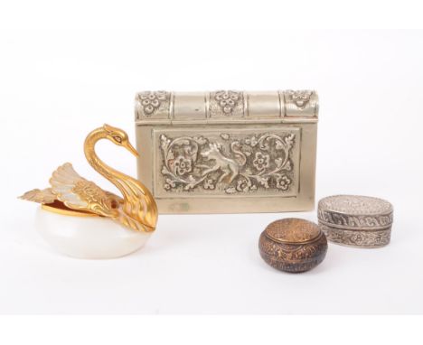 A vintage 20th century gilt swan trinket pot. With a Persian storage box in the form of a book with two other examples.swan 7