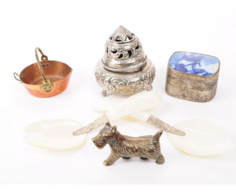 A collection of assorted 20th century vintage pieces, comprised of a small bronze scotty dog sculpture, miniature copper pan,