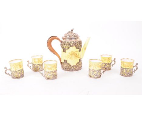 A Victorian Staffordshire porcelain eggshell R 179250 tea / coffee service, comprised of a tea / coffee pot and six tea cups.