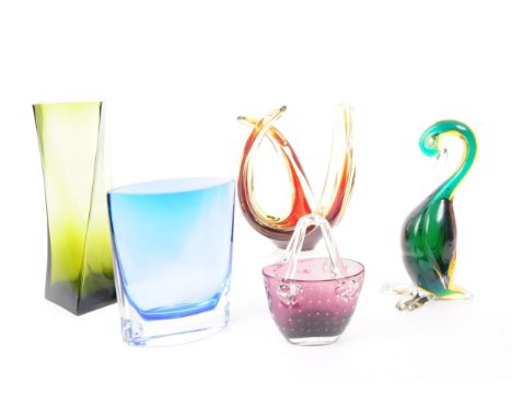 A collection of five mid century glass pieces, comprised of a Murano style duck sculpture, a Laguna style purple handbag vase