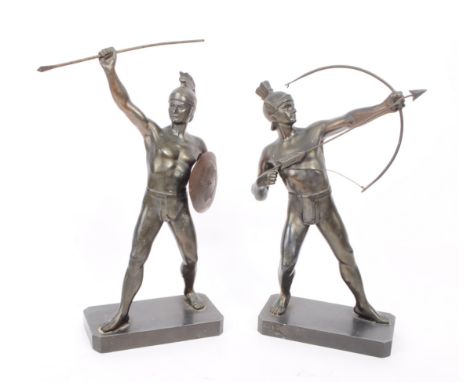 Two vintage 20th century bronze spelter Roman gladiator figures / statues. Featuring the archer with another male figure with