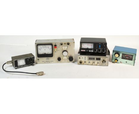 A collection of five vintage power meters, comprised of a K-PO SX-200 SWR &amp; Power Meter, an XMTR SWR-500L power SWR meter