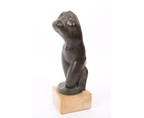 Mid 20th century British School - a green patinated bronze nude female torso, raised on stone square plinth, unsigned.23cm he