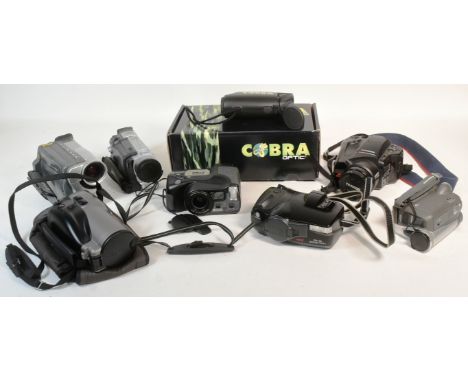 A collection of vintage video and photo cameras, including both digital and film. Comprised of a Canon Epoca camera, a Mirai 