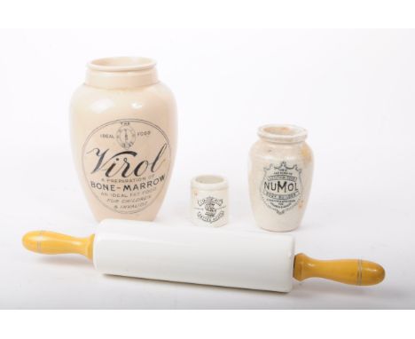 A collection of three 1940s creamware and rolling pin, comprised of a Virol bone-marrow vase, a Numol lecithin food vase, J. 