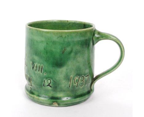 Ewenny Studio Pottery - A vintage mid century Edward VIII Coronation 1937 ceramic tankard, in a green glaze. Text inscribed t