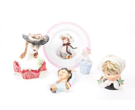 Collection of 20th century porcelain figures, comprised of a girl with pigtails vase stamped foreign, a Bossons chalkware fla