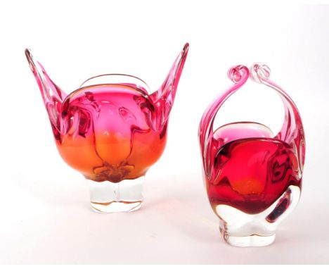 Josef Hospodka for Chribska - Two Czech vintage mid century studio art glass vase ornaments. In a red / yellow colourway rais