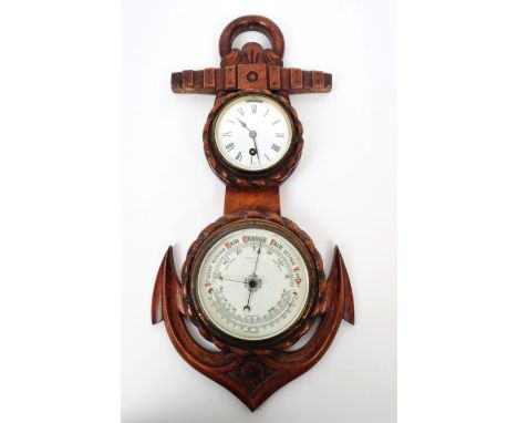 Early to mid 20th century barometer and clock, mounted on an wooden carved anchor shaped wall hanging. Clock featuring a roma