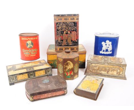 A collection of vintage 20th century tins, to include two Huntley and Palmer tins, tea tins, an art nouveau style tin and mor