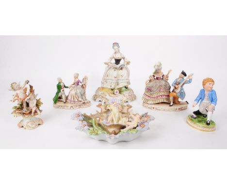 Collection of vintage 20th century porcelain figures. Comprised of two German Grafenthal figures of courting couples, a bisqu