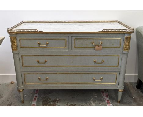 COMMODE, Directoire design, grey painted and brass mounted with marble top over four drawers, 89cm H x 120cm x 53cm. 