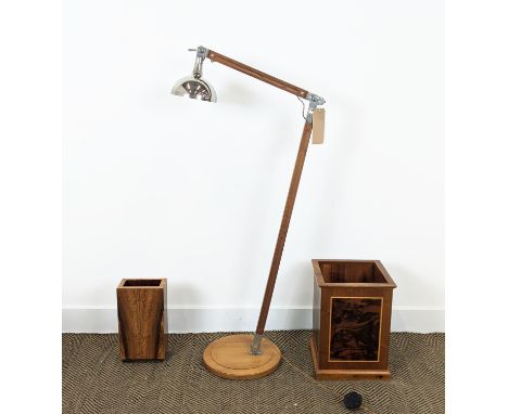LINLEY FLOOR LAMP, 173cm at tallest, with a Linley waste paper basket and a vintage wooden vase, unsigned. (3) 
