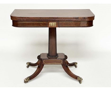 CARD TABLE, Regency period, rosewood and gilt metal inlaid foldover, beaded with facetted column and outswept supports with c