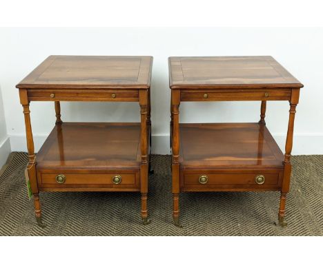 LAMP TABLES, a pair, Georgian style yewwod, each with green leather slide and drawer below on brass castor, 61cm H x 48cm W x