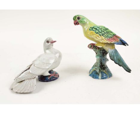 LADY ANNE GORDON (1924-2007) CERAMIC PARROT AND DOVE, monogrammed initial to base, parrot 20cm H, dove 14cm H. (2) (Subject t