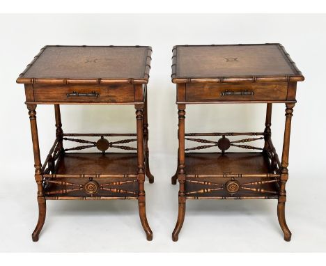 THEODORE ALEXANDER LAMP TABLES, a pair, Regency style, tooled leather faux bamboo and turned supports, each with two tiers an