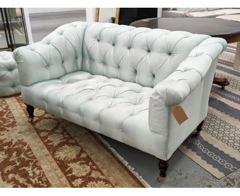 GEORGE SMITH SOFA, two seater, deep buttoned with light turquoise upholstery, 166cm W x 90cm H x 95cm D. 