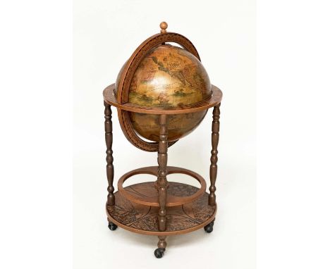 GLOBE COCKTAIL CABINET, in the form of an antique terrestrial globe on stand with rising lid, 90cm H. 