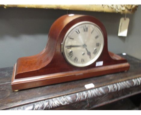 A Junghans oak case three train gong chiming mantel clock, and another mahogany case chiming mantel clock (2)  