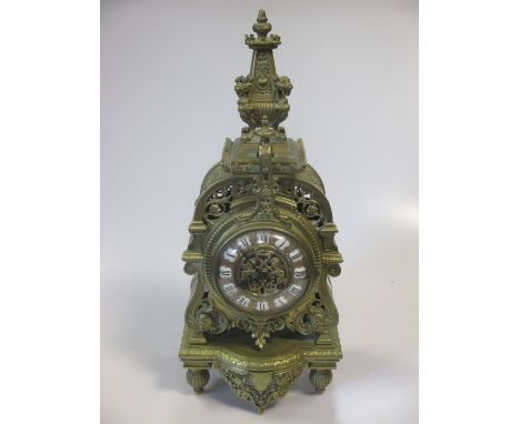 A late 19th century brass Japy Freres mantel clock, with gong striking movement, 43cm high  