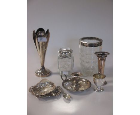 A silver chamber stick, two silver specimen vases and other small silverwares  