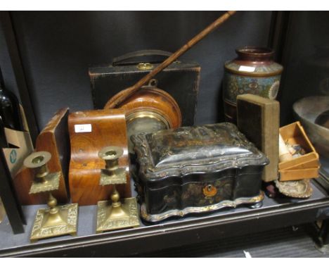 A Negretti & Zambra aneroid barometer, a 19th century papier mache work box & contents, a pair of hardwood bookends, a small 
